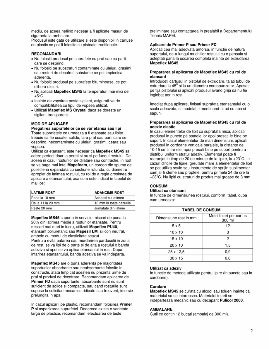Pagina 2 - Etansant si adeziv hibrid monocomponent MAPEI MAPEFLEX MS45 Fisa tehnica Romana ...