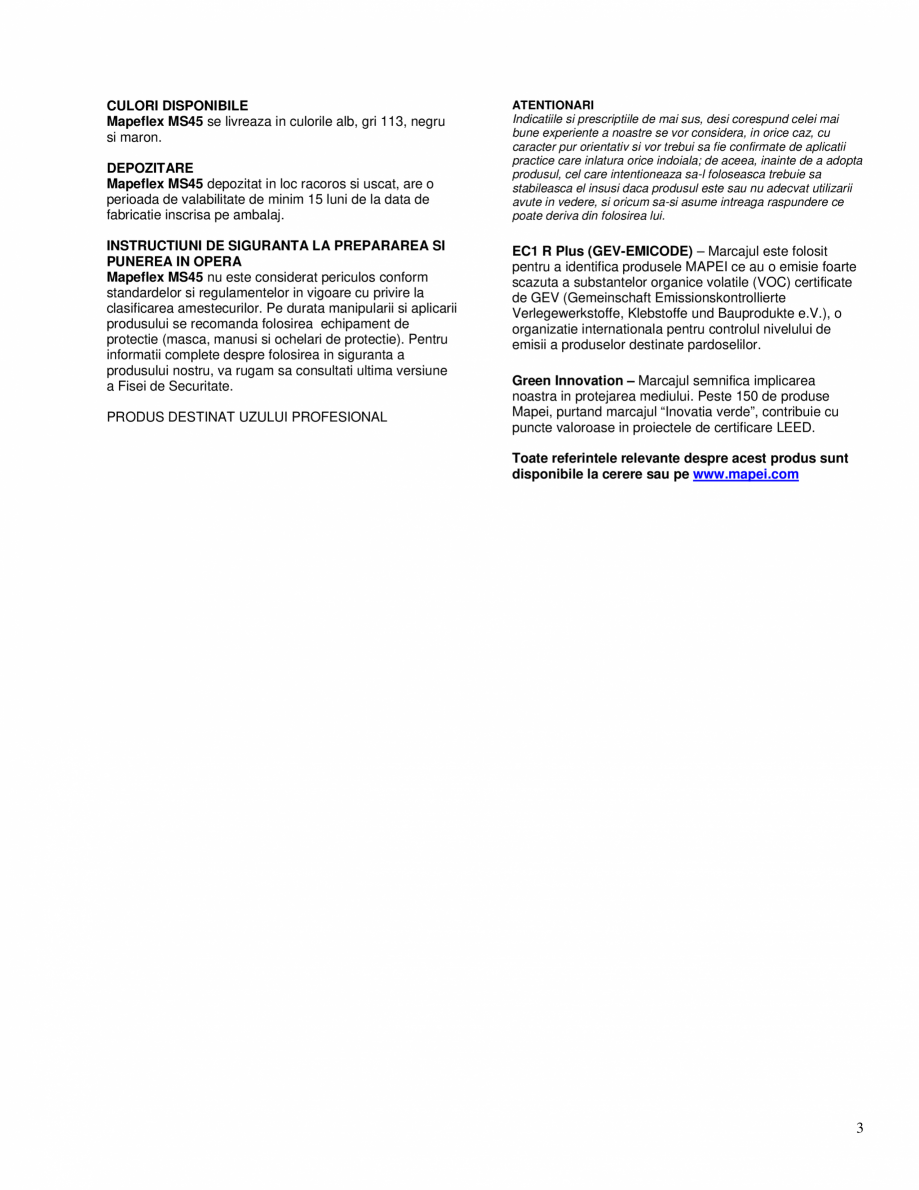 Pagina 3 - Etansant si adeziv hibrid monocomponent MAPEI MAPEFLEX MS45 Fisa tehnica Romana i...