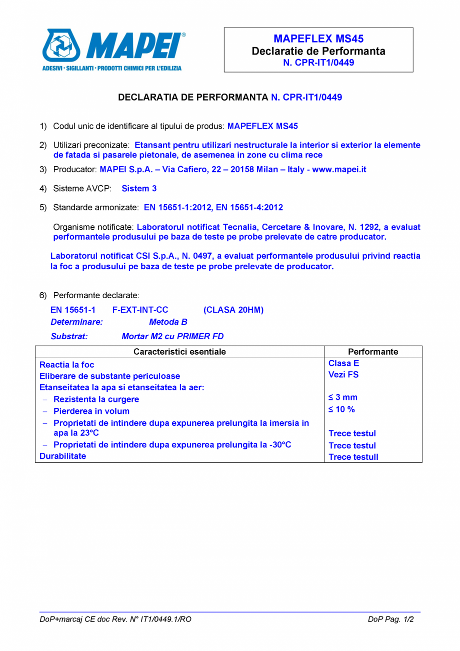 Pagina 1-Declaratie de performanta - Etansant pentru utilizari nestructurale la interior si exterior MAPEI...