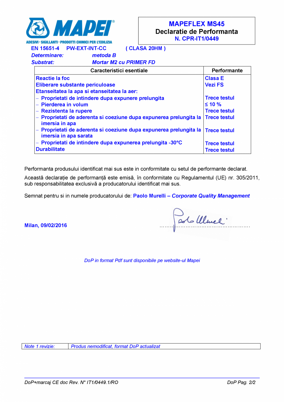 Pagina 2-Declaratie de performanta - Etansant pentru utilizari nestructurale la interior si exterior MAPEI...
