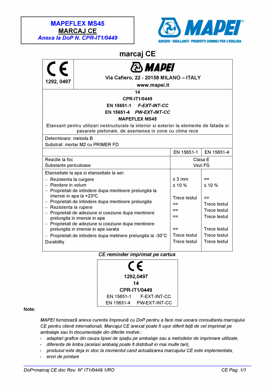 Pagina 3-Declaratie de performanta - Etansant pentru utilizari nestructurale la interior si exterior MAPEI...