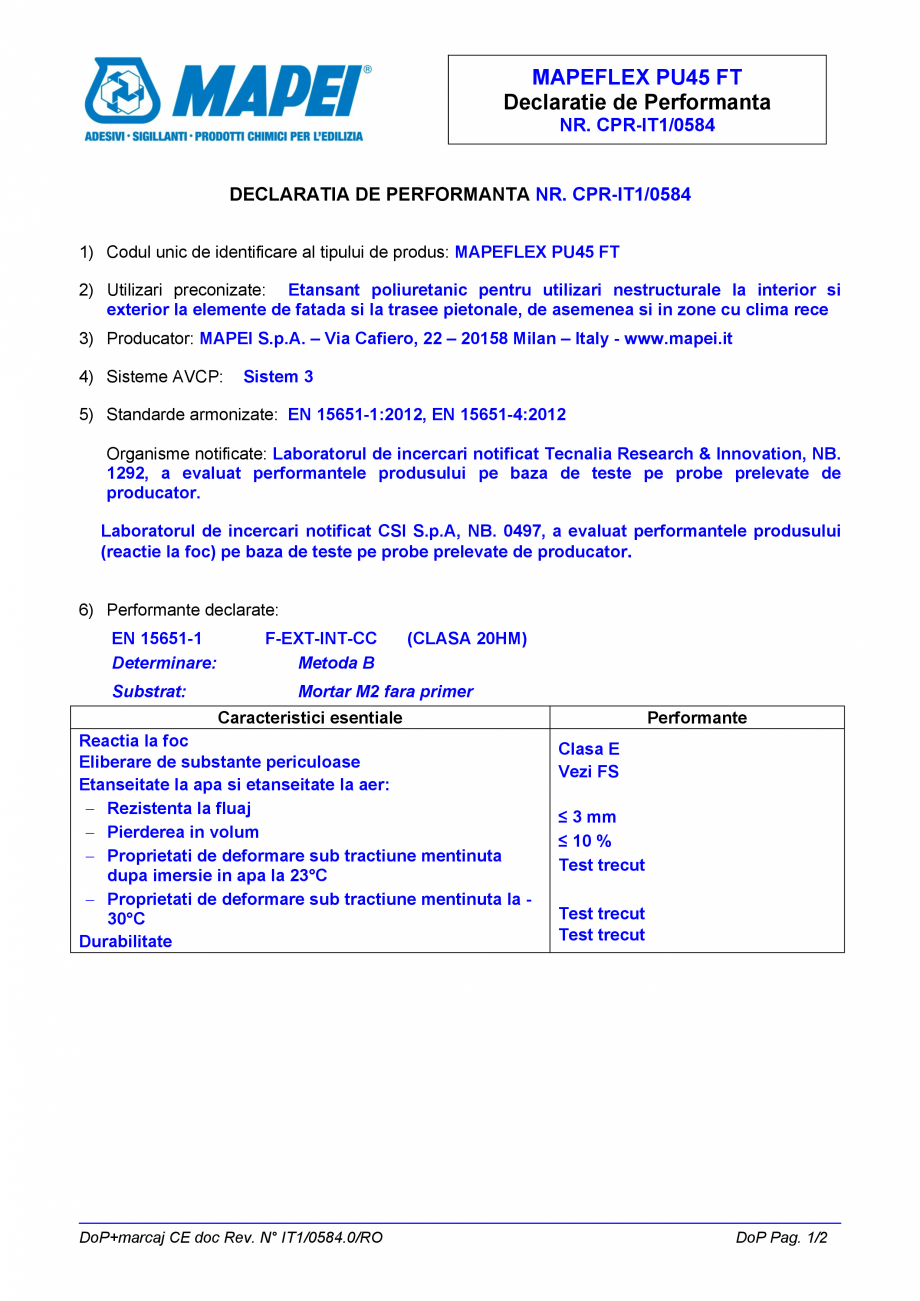 Pagina 1-Declaratie de performanta - Etansant poliuretanic pentru utilizari nestructurale la interior si...