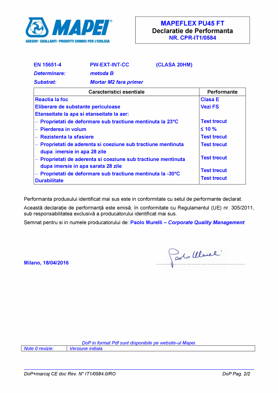 Pagina 2-Declaratie de performanta - Etansant poliuretanic pentru utilizari nestructurale la interior si...
