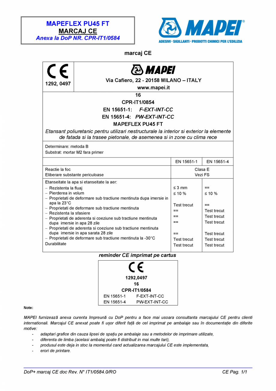 Pagina 3-Declaratie de performanta - Etansant poliuretanic pentru utilizari nestructurale la interior si...