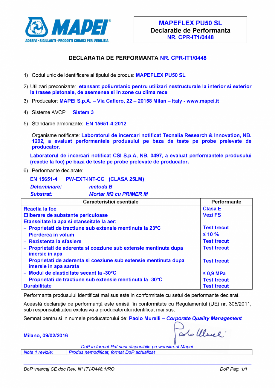 Pagina 1-Declaratie de performanta - Etansant poliuretanic pentru utilizari nestructurale la interior si...