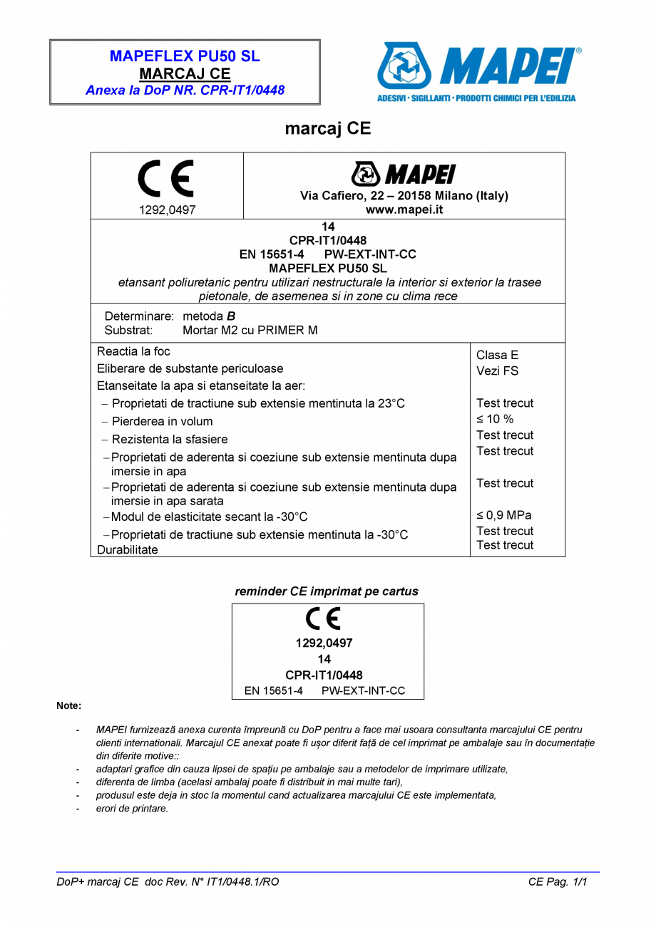 Pagina 2-Declaratie de performanta - Etansant poliuretanic pentru utilizari nestructurale la interior si...