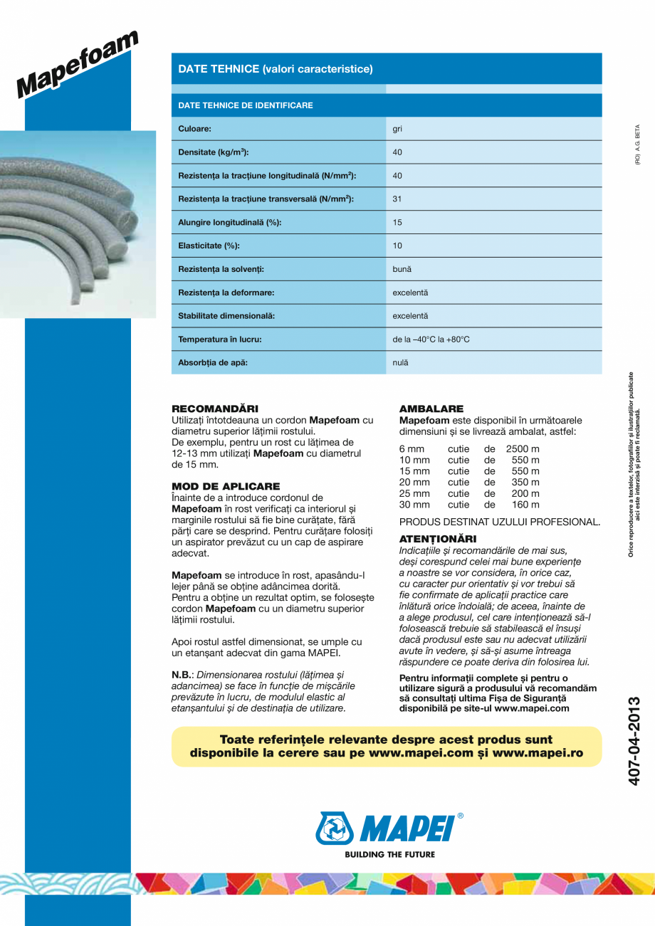 Pagina 2-Cordon din spuma de polietilena expandata MAPEI MAPEFOAM Fisa tehnica Romana din spumă de...