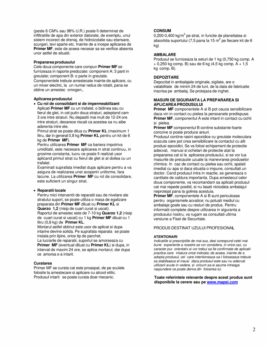 Pagina 2-Rasina epoxidica cu rol de bariera de umiditate pentru substraturi pe baza de ciment MAPEI PRIMER MF...