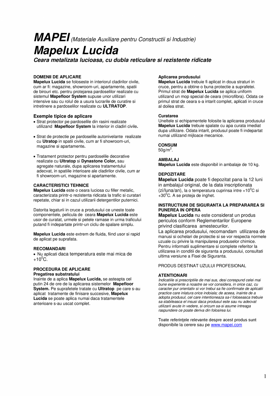 Pagina 1-Ceara metalizata lucioasa, cu dubla reticulare si rezistente ridicate MAPEI MAPELUX LUCIDA Fisa...