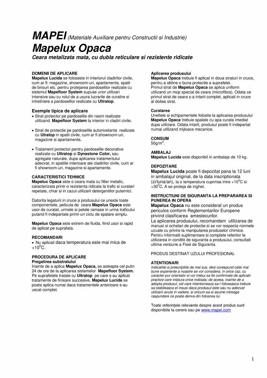 Pagina 1-Ceara metalizata mata, cu dubla reticulare si rezistente ridicate MAPEI MAPELUX OPACA Fisa tehnica...