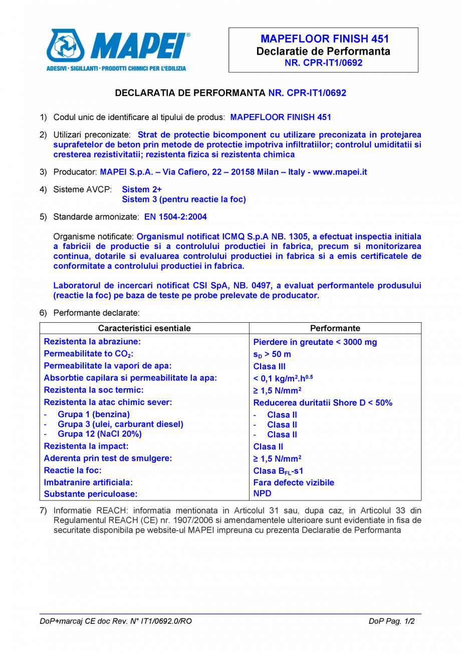 Pagina 1-Declaratie de performanta - Strat de protectie bicomponent cu utilizare preconizata in protejarea...