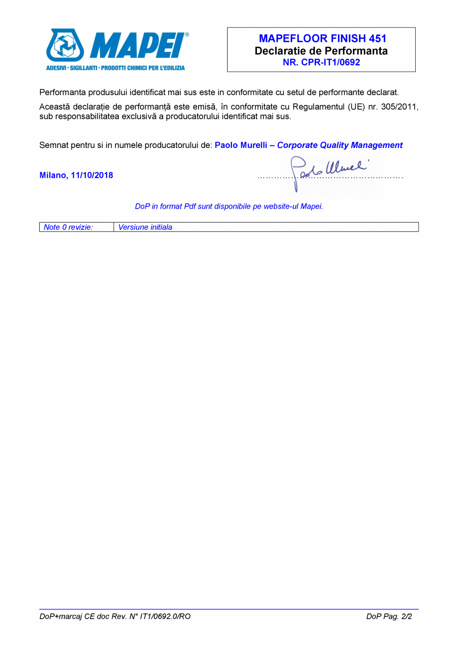 Pagina 2-Declaratie de performanta - Strat de protectie bicomponent cu utilizare preconizata in protejarea...