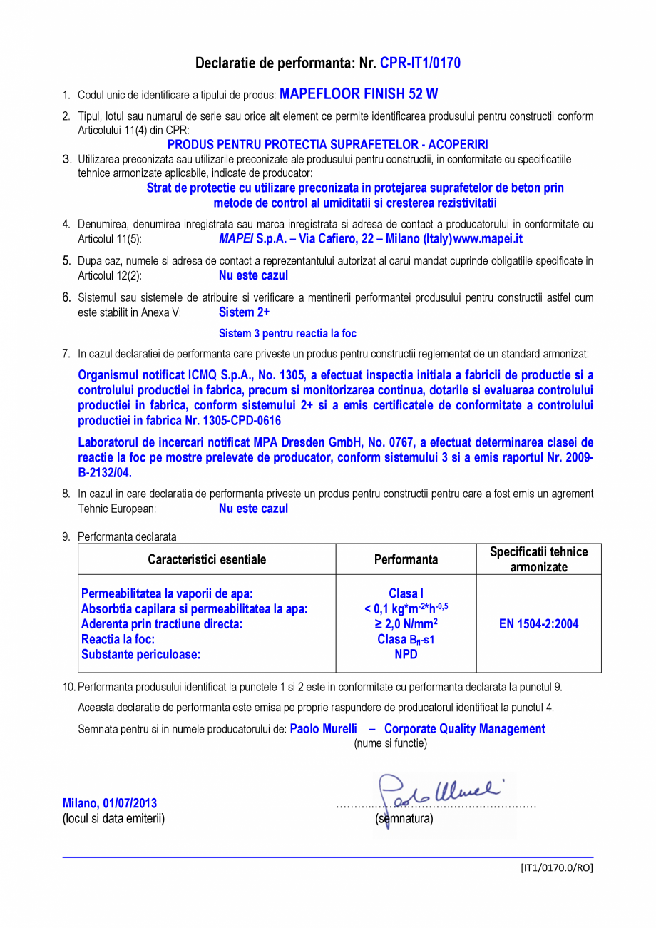Pagina 1-Declaratie de performanta - Produs pentru protectia suprafetelor - acoperiri MAPEI MAPEFLOOR FINISH ...