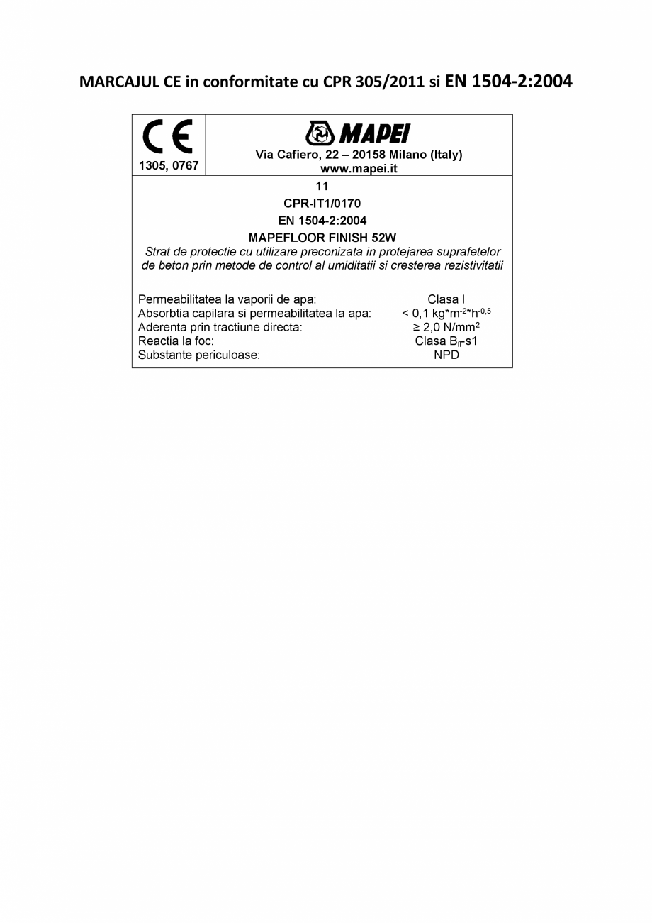 Pagina 2-Declaratie de performanta - Produs pentru protectia suprafetelor - acoperiri MAPEI MAPEFLOOR FINISH ...