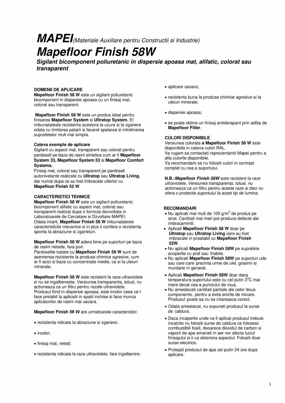 Pagina 1-Sigilant bicomponent poliuretanic in dispersie apoasa mat, alifatic, colorat sau transparent MAPEI...