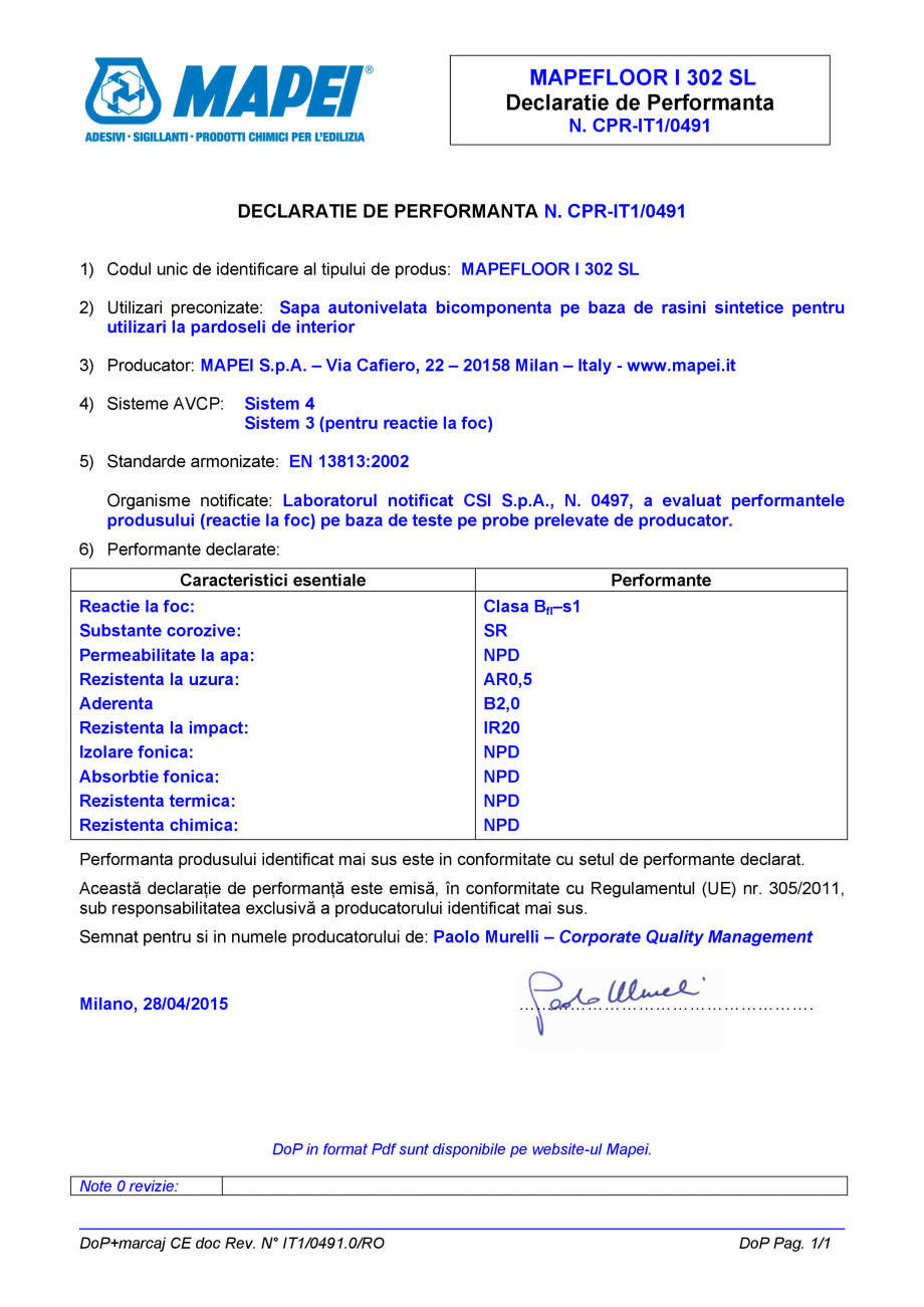 Pagina 1-Declaratie de performanta - sapa autonivelata bicomponenta pe baza de rasini sintetice pentru...