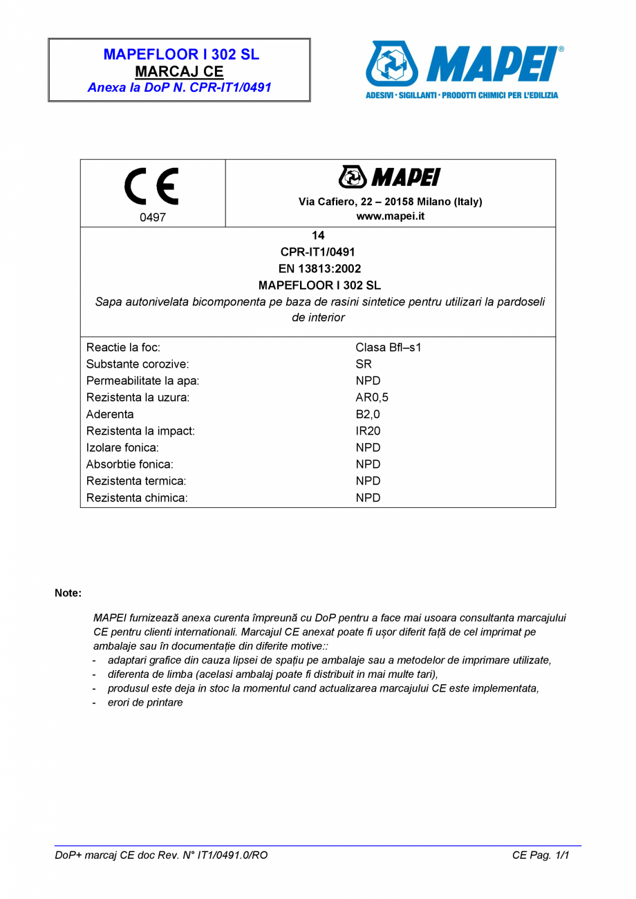 Pagina 2-Declaratie de performanta - sapa autonivelata bicomponenta pe baza de rasini sintetice pentru...
