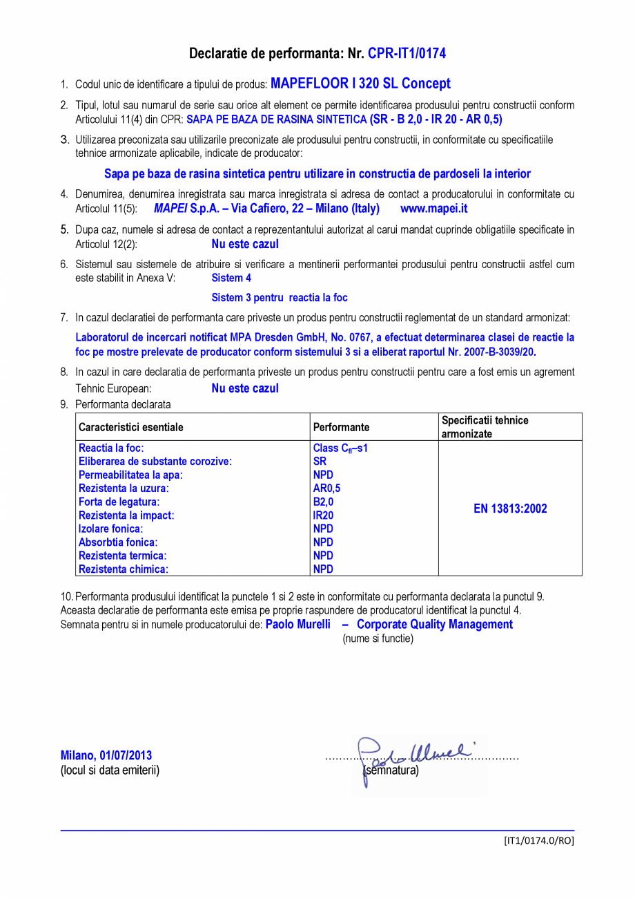 Pagina 1-Declaratie de performanta - sapa pe baza de rasina sintetica (SR - B 2,0 - IR 20 - AR 0,5) MAPEI...