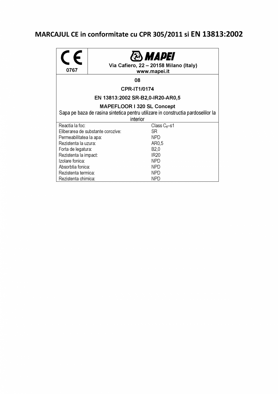 Pagina 2-Declaratie de performanta - sapa pe baza de rasina sintetica (SR - B 2,0 - IR 20 - AR 0,5) MAPEI...