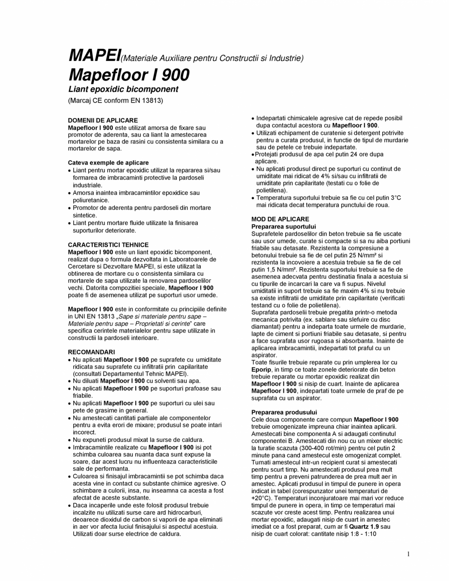 Pagina 1-Liant epoxidic bicomponent MAPEI MAPEFLOOR I 900 Fisa tehnica Romana MAPEI(Materiale Auxiliare...