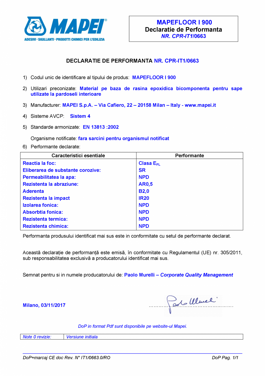Pagina 1 - Declaratie de performanta: Material pe baza de rasina epoxidica bicomponenta pentru sape ...