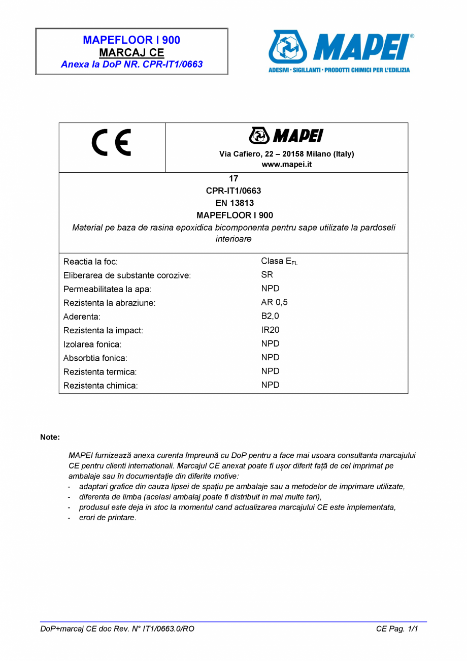 Pagina 2-Declaratie de performanta: Material pe baza de rasina epoxidica bicomponenta pentru sape utilizate...