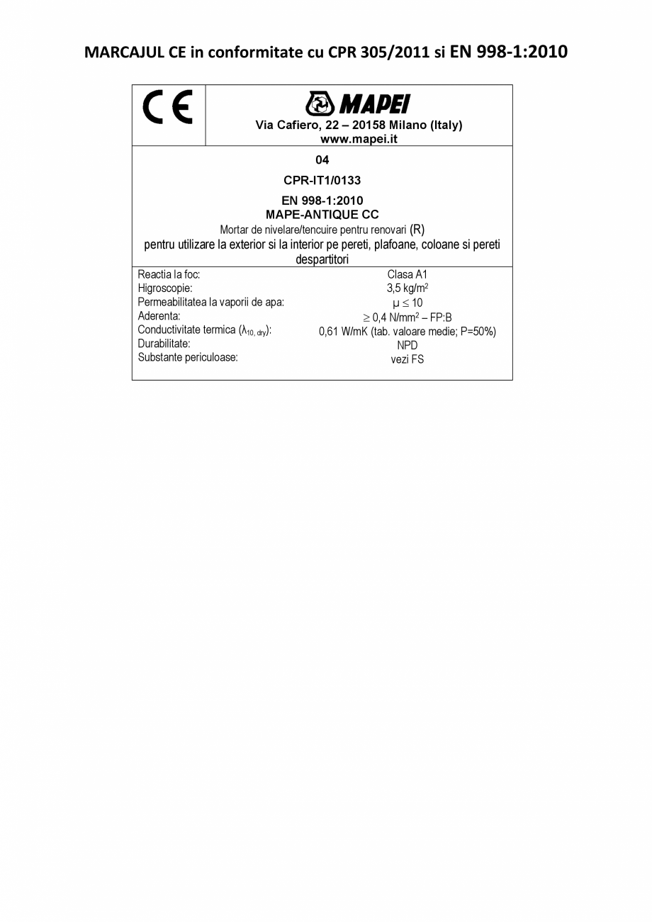 Pagina 2-Declaratie de performanta - Mortar de nivelare/tencuire pentru renovari  MAPEI MAPE-ANTIQUE CC...