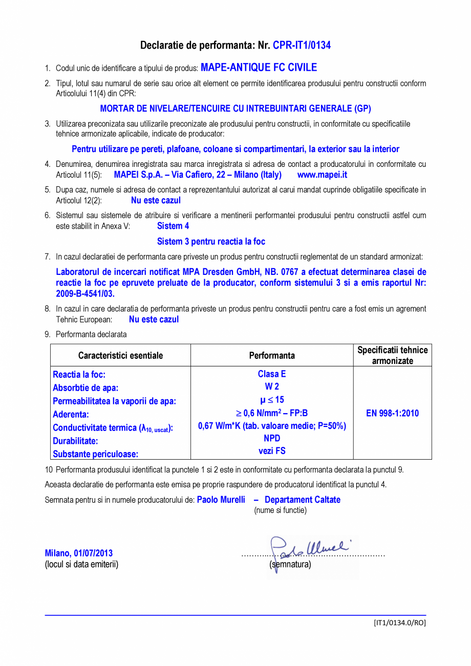 Pagina 1-Declaratie de performanta - Mortar de nivelare/tencuire cu intrebuintari generale MAPEI MAPE-ANTIQUE...