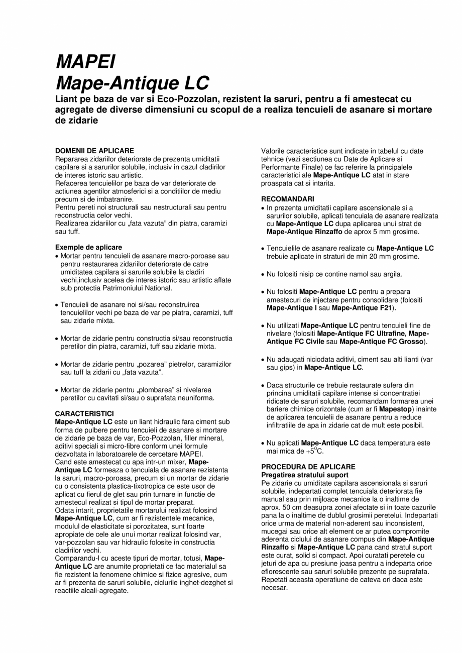 Pagina 1-Liant pe baza de var si Eco-Pozzolan MAPEI MAPE-ANTIQUE LC Fisa tehnica Romana MAPEI
Mape-Antique LC...