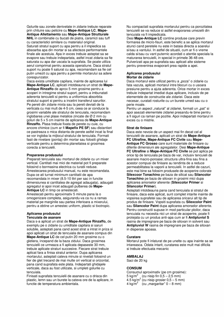Pagina 2-Liant pe baza de var si Eco-Pozzolan MAPEI MAPE-ANTIQUE LC Fisa tehnica Romana  zidariilor...