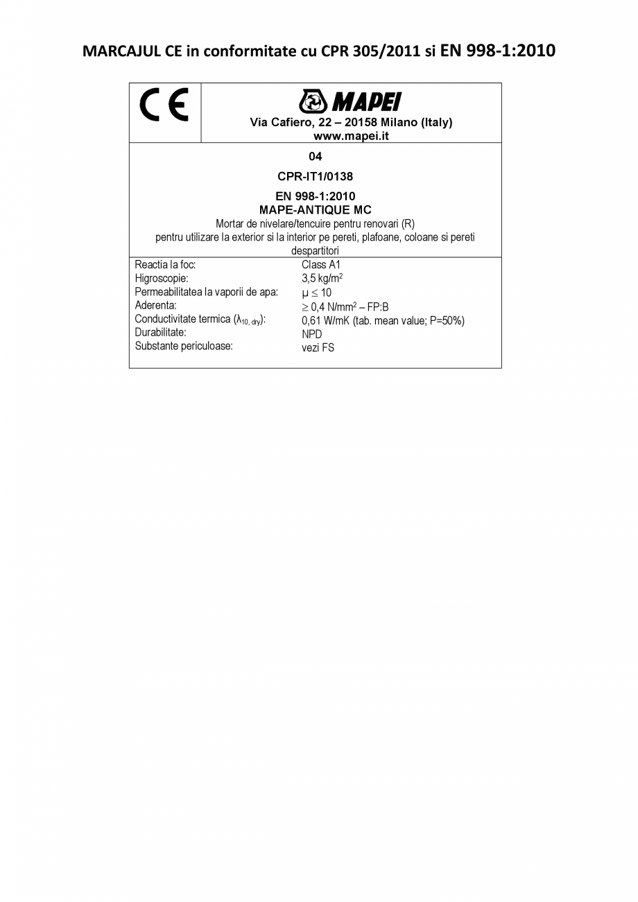 Pagina 2-Declaratie de performanta - Mortar de nivelare/tencuire pentru renovari  MAPEI MAPE-ANTIQUE MC...