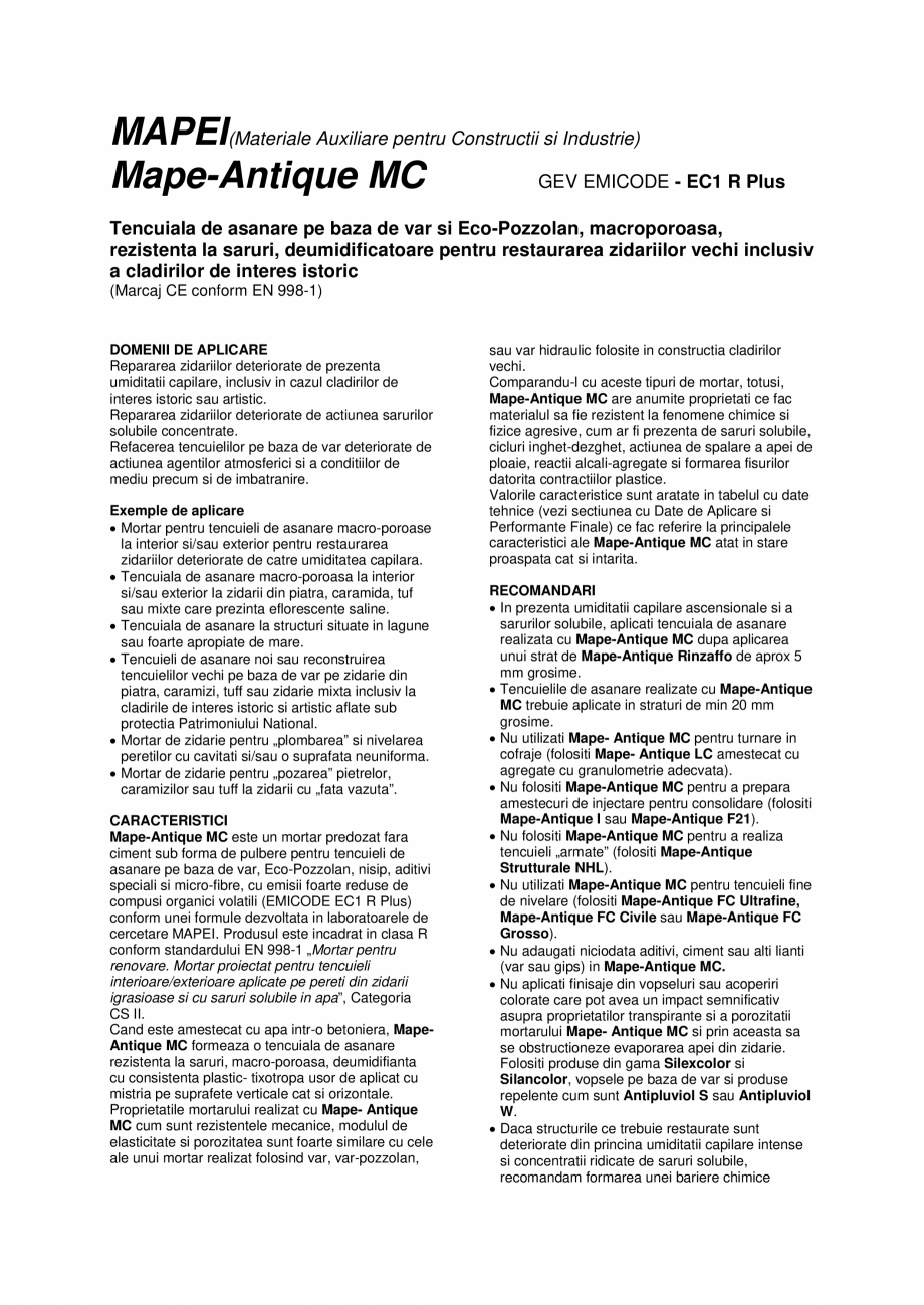 Pagina 1-Tencuiala de asanare pe baza de var si Eco-Pozzolan MAPEI MAPE-ANTIQUE MC Fisa tehnica Romana...