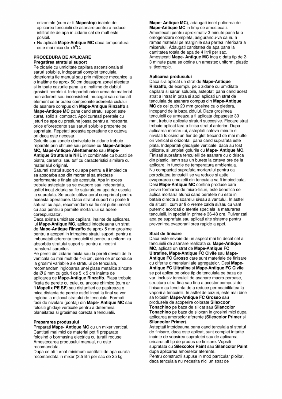 Pagina 2-Tencuiala de asanare pe baza de var si Eco-Pozzolan MAPEI MAPE-ANTIQUE MC Fisa tehnica Romana...