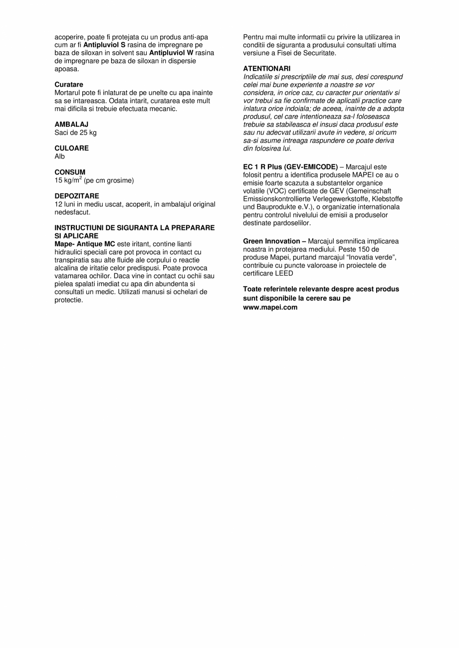 Pagina 3-Tencuiala de asanare pe baza de var si Eco-Pozzolan MAPEI MAPE-ANTIQUE MC Fisa tehnica Romana...