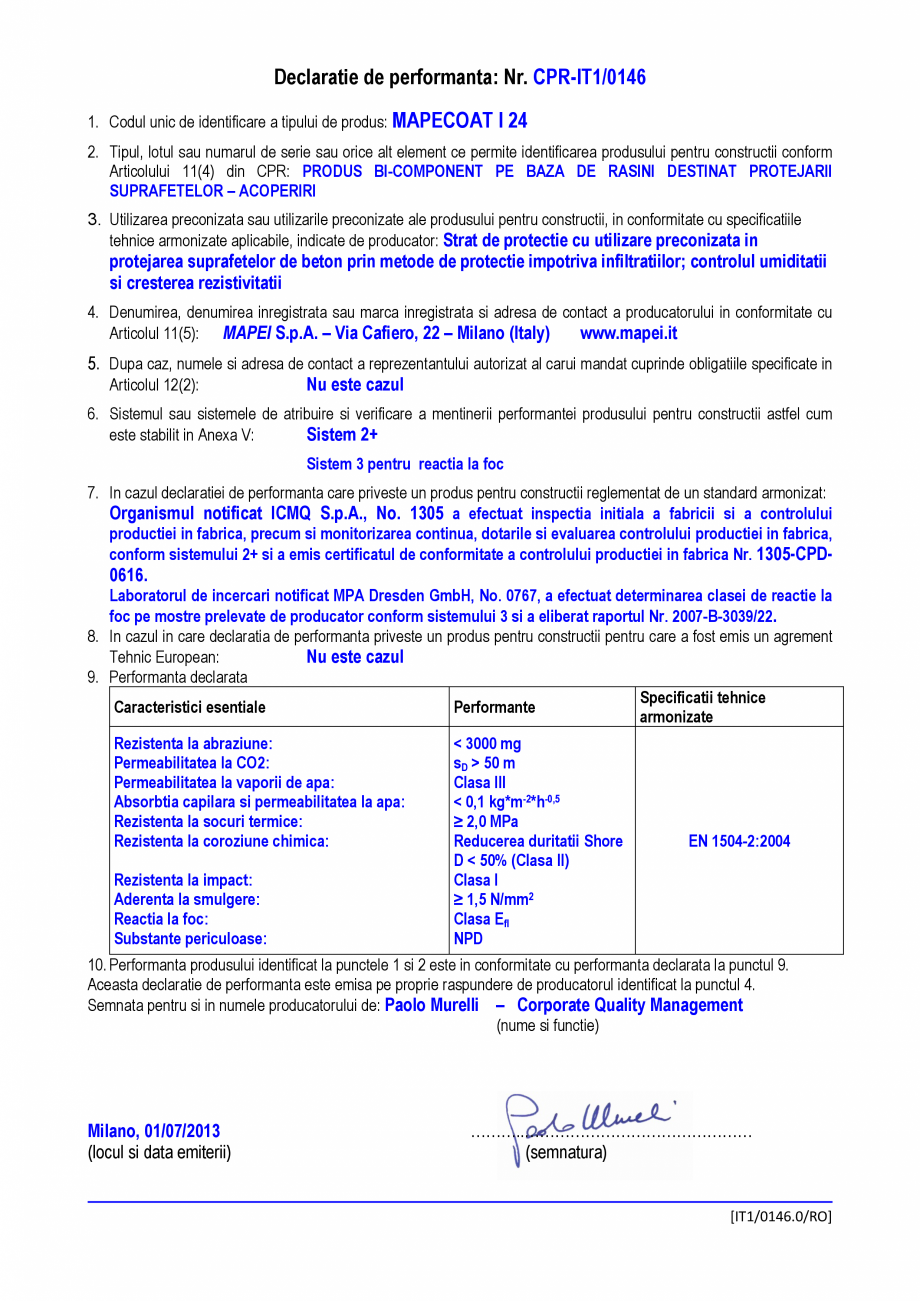 Pagina 1 - Declaratie de performanta - produs bi-component pe baza de rasini destinat  protejarii...