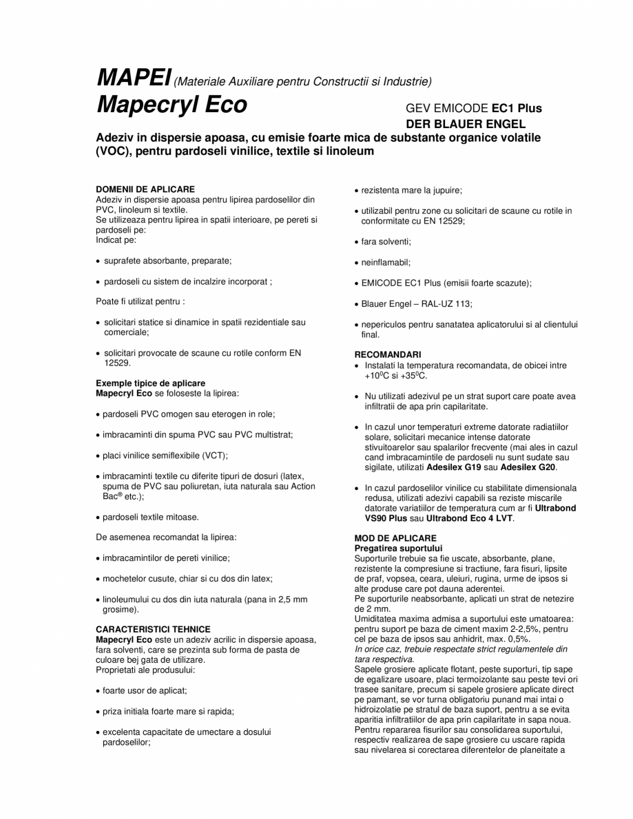 Pagina 1-Adeziv in dispersie apoasa pentru pardoseli vinilice, textile si linoleum MAPEI MAPECRYL ECO   Fisa ...