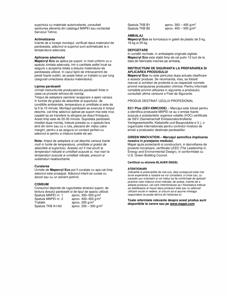 Pagina 2-Adeziv in dispersie apoasa pentru pardoseli vinilice, textile si linoleum MAPEI MAPECRYL ECO   Fisa ...