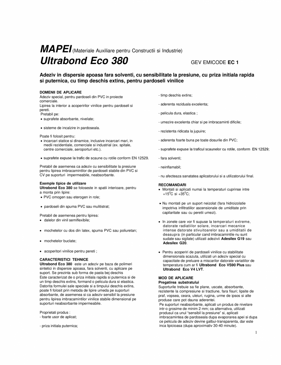 Pagina 1-Adeziv in dispersie apoasa fara solventi pentru pardoseli vinilice MAPEI ULTRABOND ECO 380 Fisa...