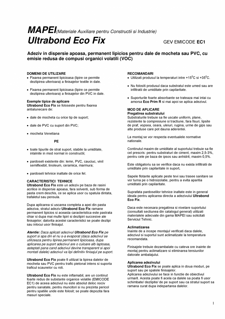 Pagina 1 - Adeziv in dispersie apoasa, permanent lipicios pentru dale de mocheta sau PVC MAPEI...