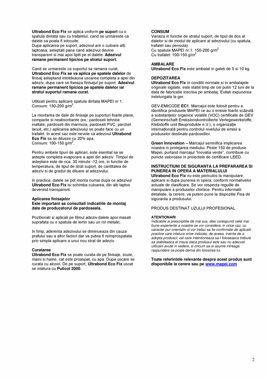 Pagina 2 - Adeziv in dispersie apoasa, permanent lipicios pentru dale de mocheta sau PVC MAPEI...