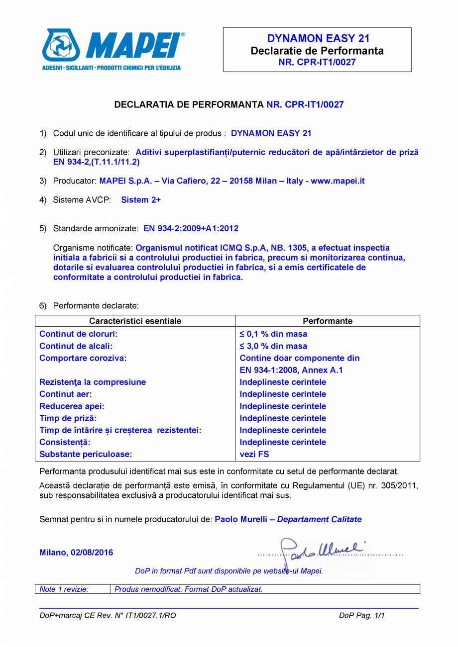 Pagina 1-Declaratie de performanta pentru aditiv superplastifiant MAPEI DYNAMON EASY 21 Certificare produs...
