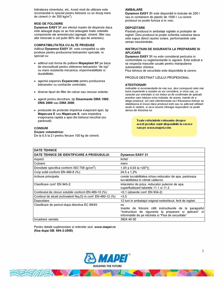 Pagina 2-Aditiv superfluidizant pe baza de polimer acrilic modificat  MAPEI DYNAMON EASY 31 Fisa tehnica...