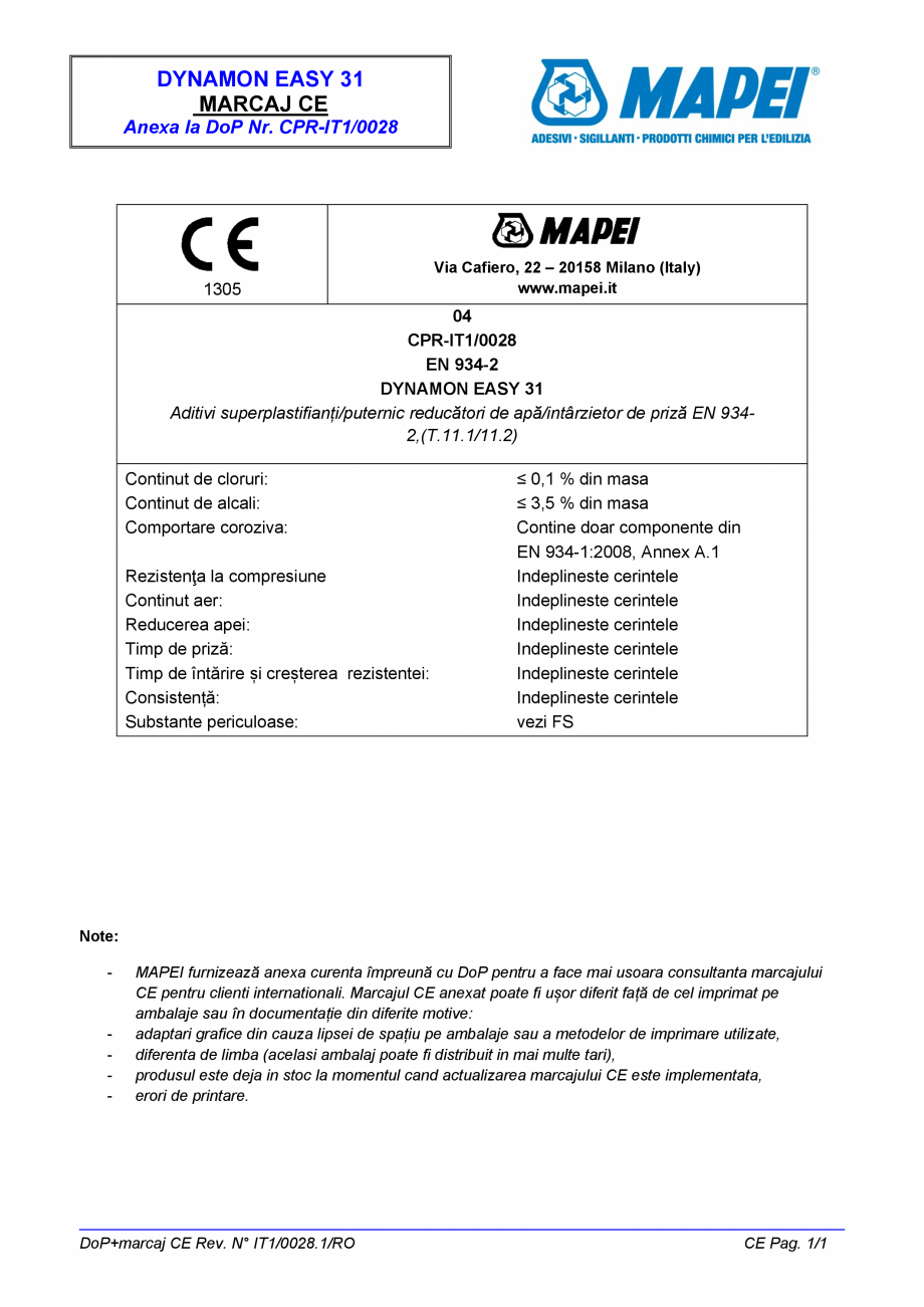 Pagina 2 - Declaratie de performanta pentru aditiv superplastifiant MAPEI DYNAMON EASY 31...