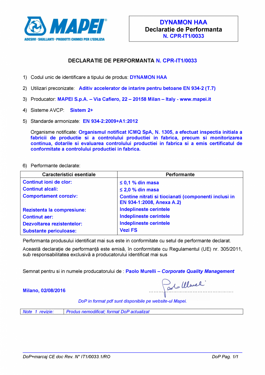 Pagina 1-Declaratie de performanta pentru aditiv accelerator de intarire pentru betoane MAPEI DYNAMON HAA...