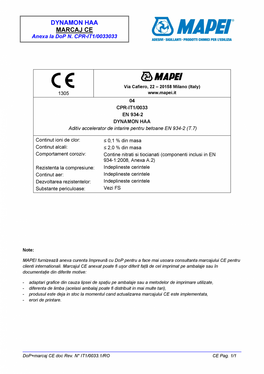 Pagina 2-Declaratie de performanta pentru aditiv accelerator de intarire pentru betoane MAPEI DYNAMON HAA...