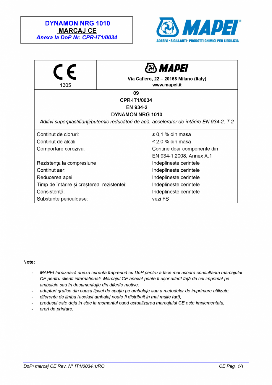 Pagina 2 - Declaratie de performanta pentru aditiv superplastifiant MAPEI DYNAMON NRG 1010...