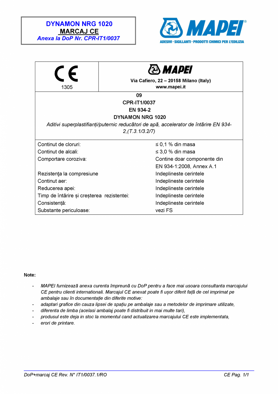 Pagina 2-Declaratie de performanta pentru aditiv superplastifiant  MAPEI DYNAMON NRG 1020 Certificare produs ...