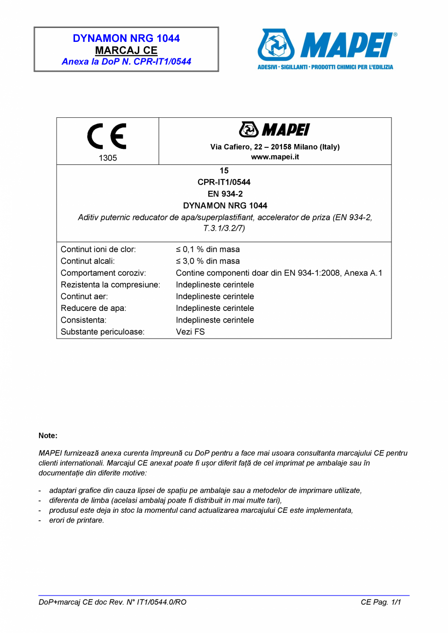 Pagina 2-Declaratie de performanta pentru aditiv puternic reducator de apa, accelerator de priza MAPEI...
