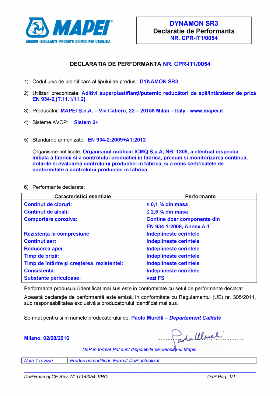 Pagina 1-Declaratie de performanta pentru aditiv puternic reducator de apa, accelerator de priza  MAPEI...