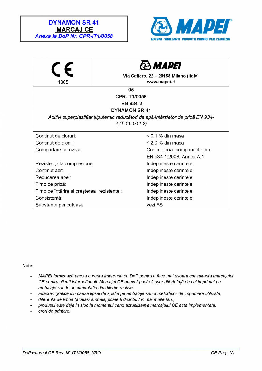 Pagina 2-Declaratie de performanta pentru aditivi superplastifiant/puternic reducator de apa/intarzietor de...